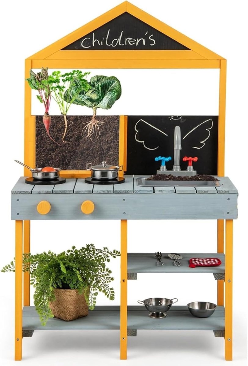 Outdoor Wooden Mud Kitchen Kids Playset Sink Chalkboard Planter Toy - Kwikley