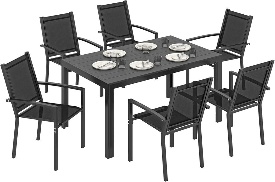 Outsunny 6 Seater Garden Dining Set Stackable Chairs WPC Table Outdoor Patio - Kwikley