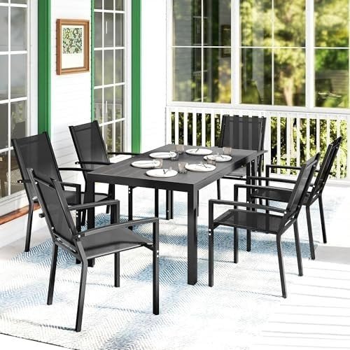 Outsunny 6 Seater Garden Dining Set Stackable Chairs WPC Table Outdoor Patio - Kwikley