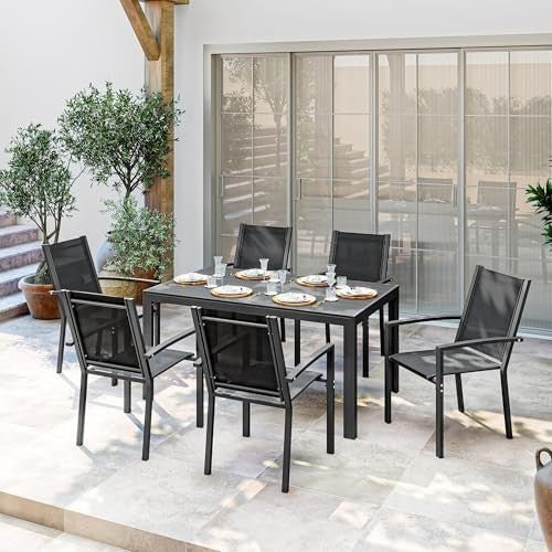 Outsunny 6 Seater Garden Dining Set Stackable Chairs WPC Table Outdoor Patio - Kwikley