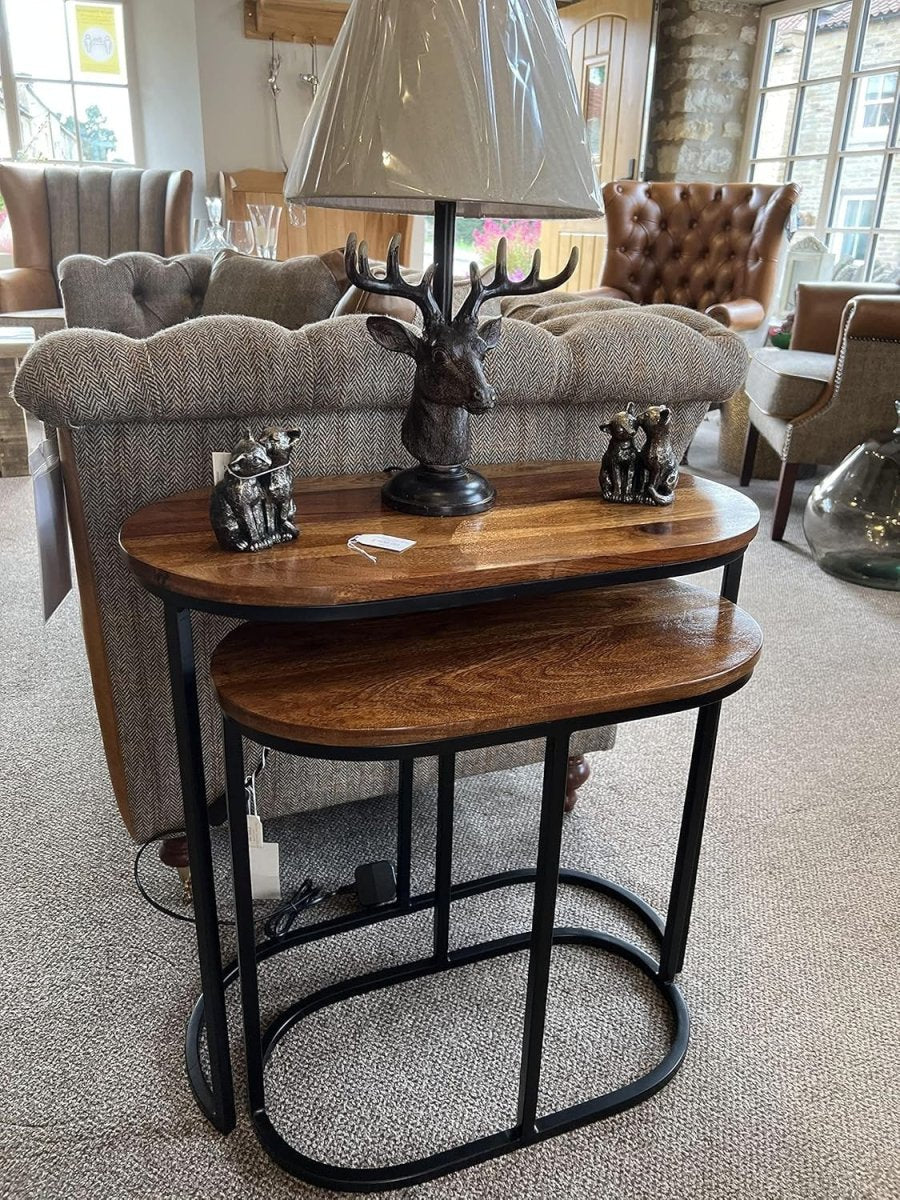 Oval Mango Wood Side Table, Metal Frame, Solid Hardwood, Space Saving, Dark - Kwikley