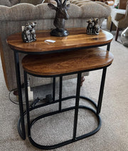 Oval Mango Wood Side Table, Metal Frame, Solid Hardwood, Space Saving, Dark - Kwikley