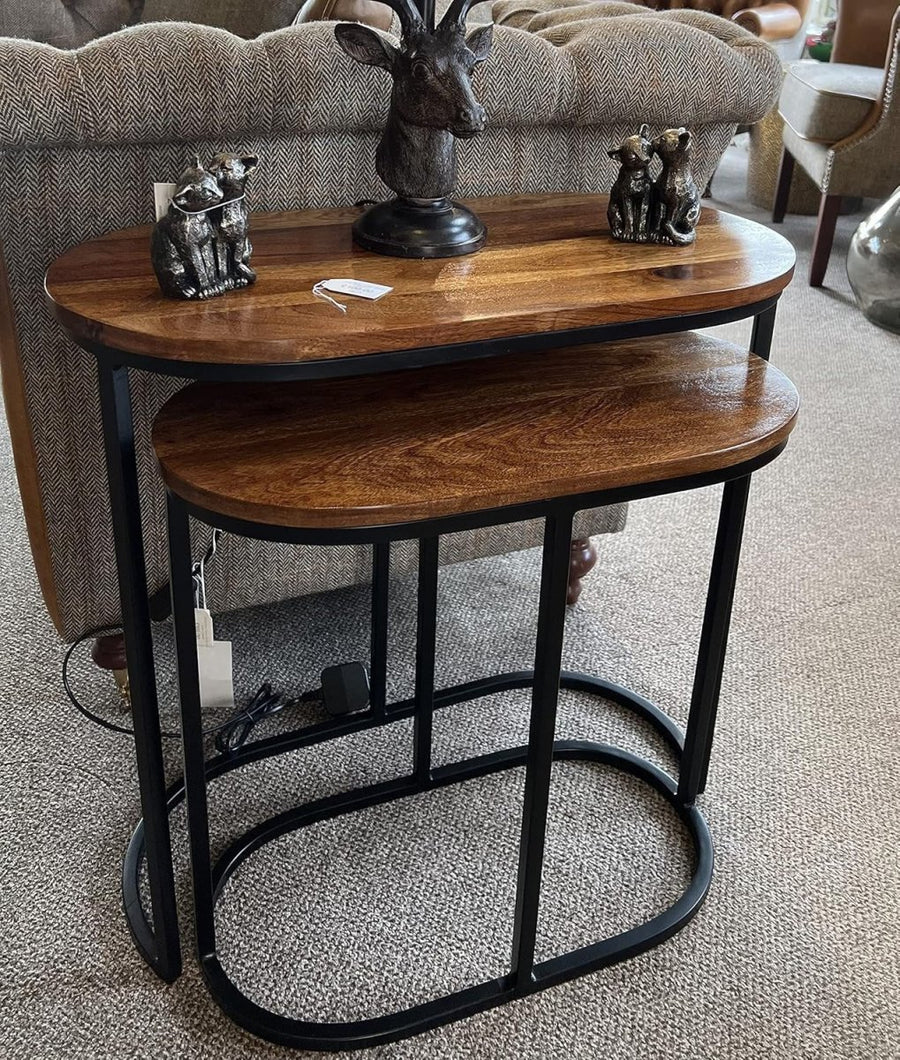 Oval Mango Wood Side Table, Metal Frame, Solid Hardwood, Space Saving, Dark - Kwikley