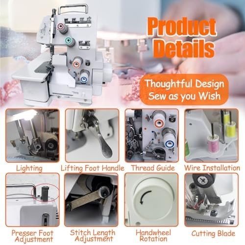 Overlocker Sewing Machine 3 4 Thread Metal Frame LED Portable - Kwikley