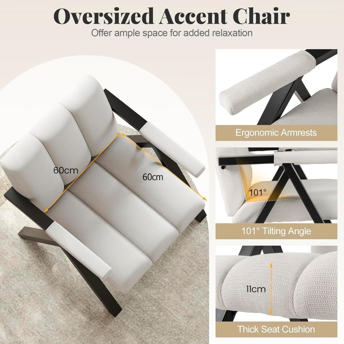 Oversized Accent Chair Upholstered Armchair Metal Frame Beige - Kwikley