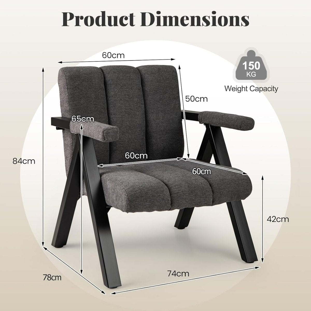 Oversized Accent Chair Upholstered Armchair Metal Frame Grey - Kwikley