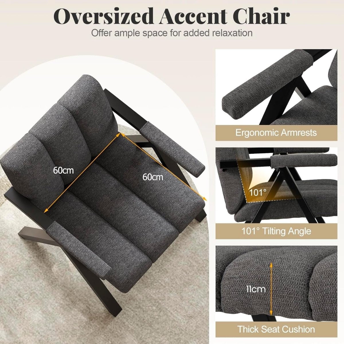 Oversized Accent Chair Upholstered Armchair Metal Frame Grey - Kwikley
