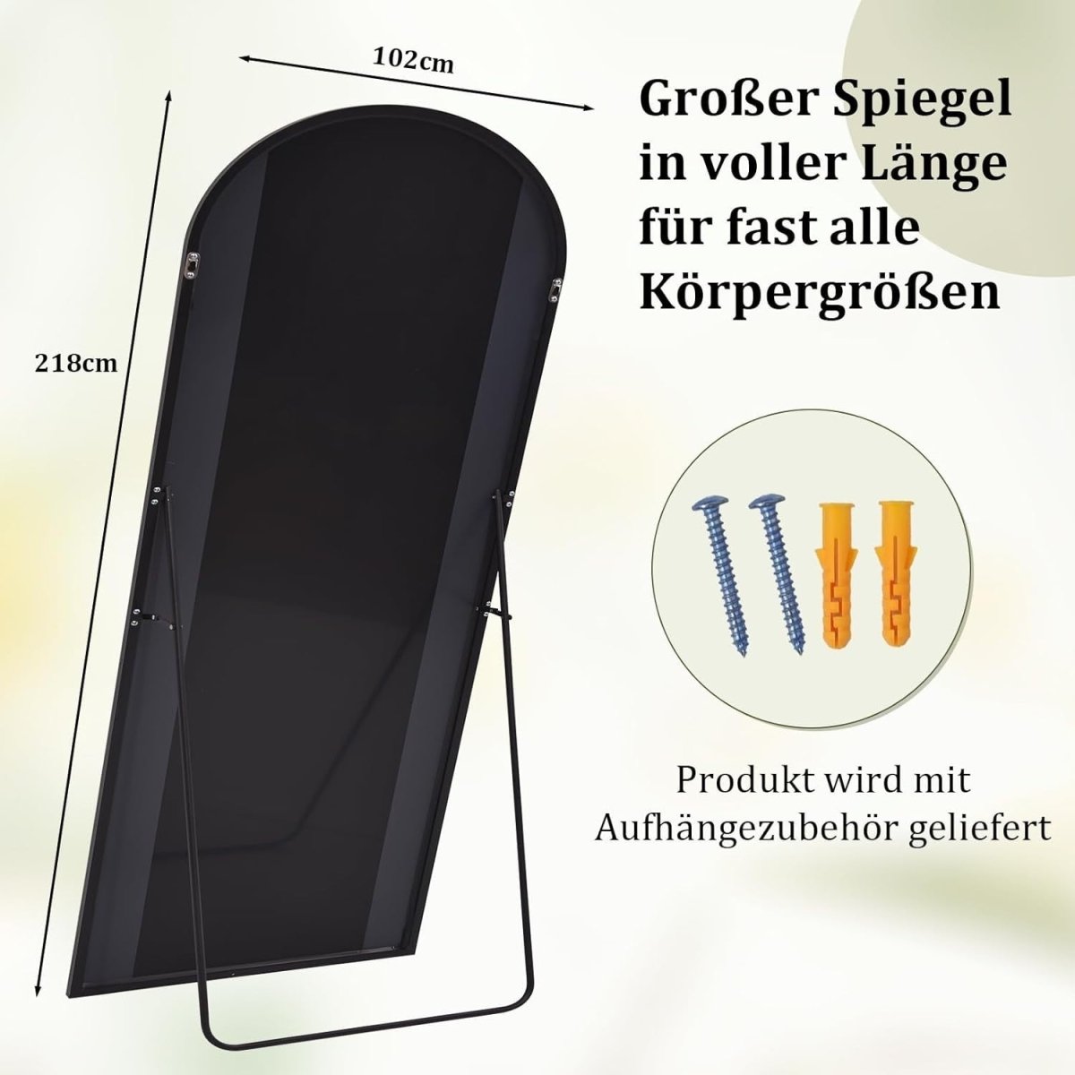 Oversized Arched Full - Length Mirror 218x102cm with Stand & Wall Mount - Kwikley