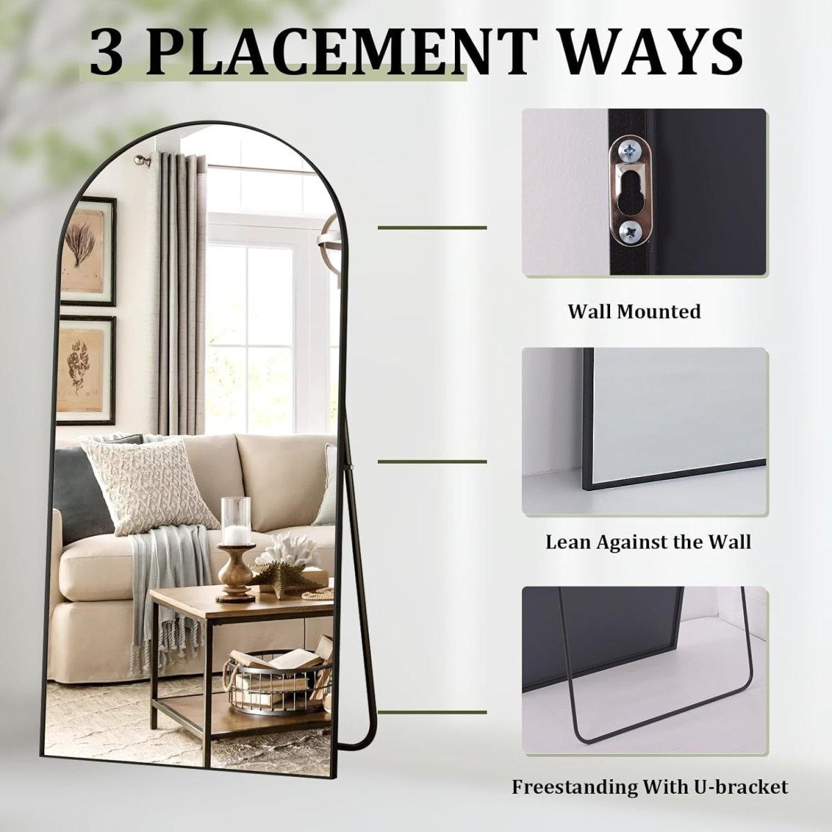 Oversized Arched Full - Length Mirror 218x102cm with Stand & Wall Mount - Kwikley