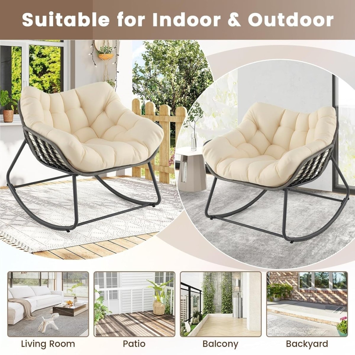 Oversized Egg Rocking Chair w/ Cushion, Rattan Patio Lounge Seat Indoor Outdoor - Kwikley