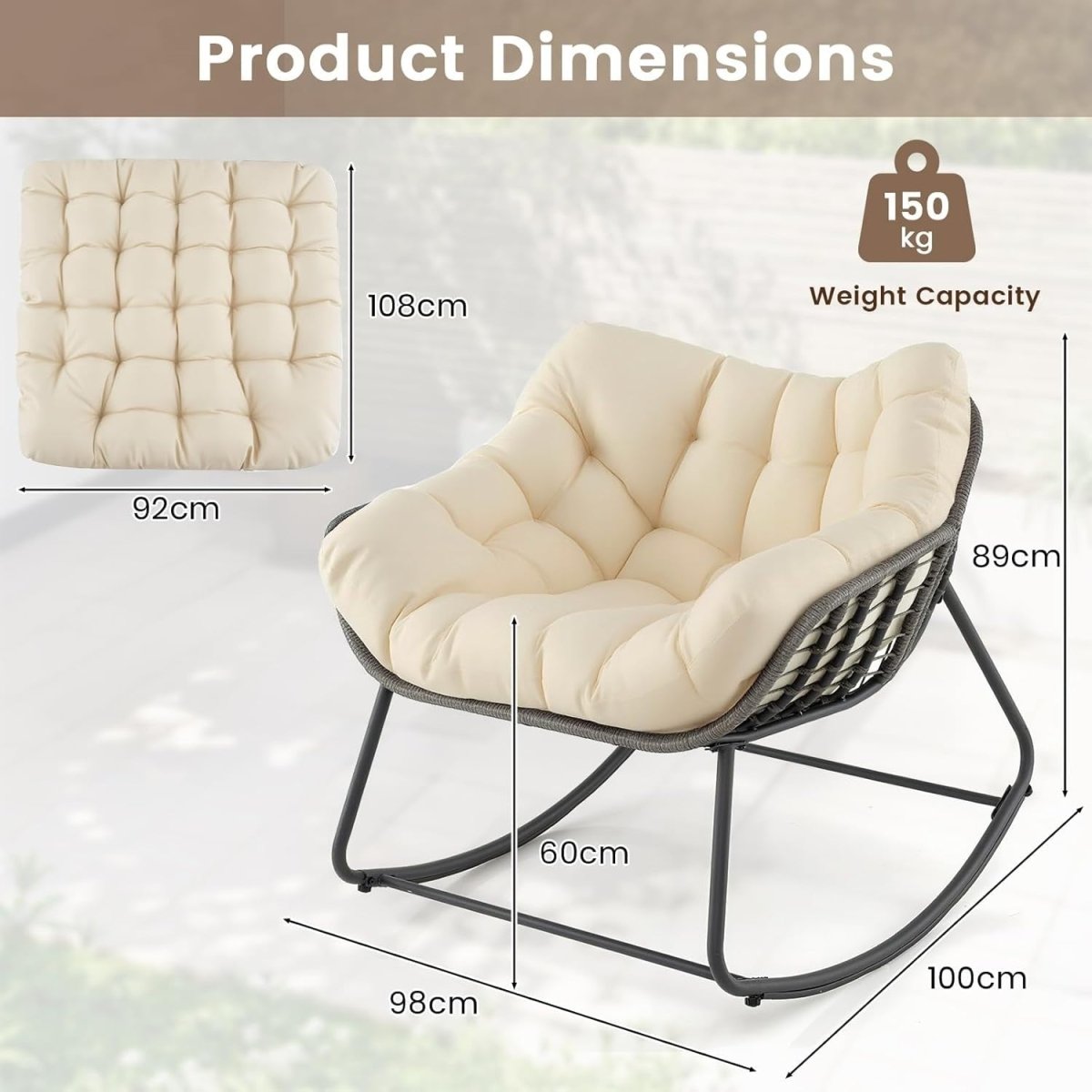 Oversized Egg Rocking Chair w/ Cushion, Rattan Patio Lounge Seat Indoor Outdoor - Kwikley