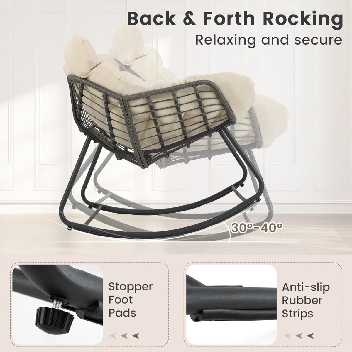 Oversized Egg Rocking Chair w/ Cushion, Rattan Patio Lounge Seat Indoor Outdoor - Kwikley