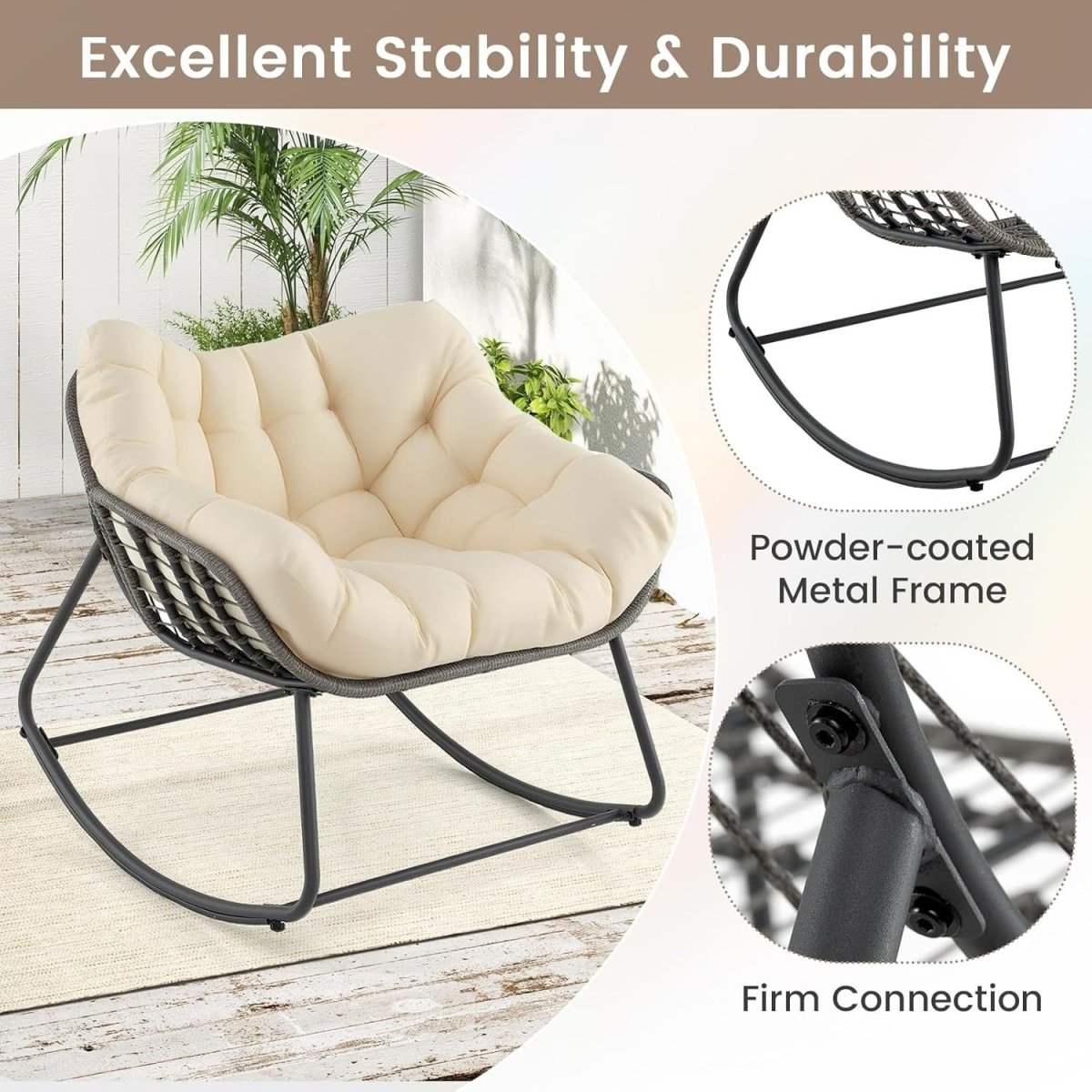 Oversized Egg Rocking Chair w/ Cushion, Rattan Patio Lounge Seat Indoor Outdoor - Kwikley