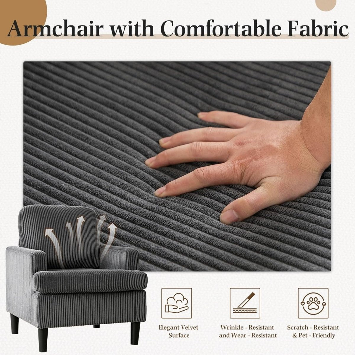 Oversized Grey Corduroy Tub Armchair Cozy Accent Chair for Living Room - Kwikley