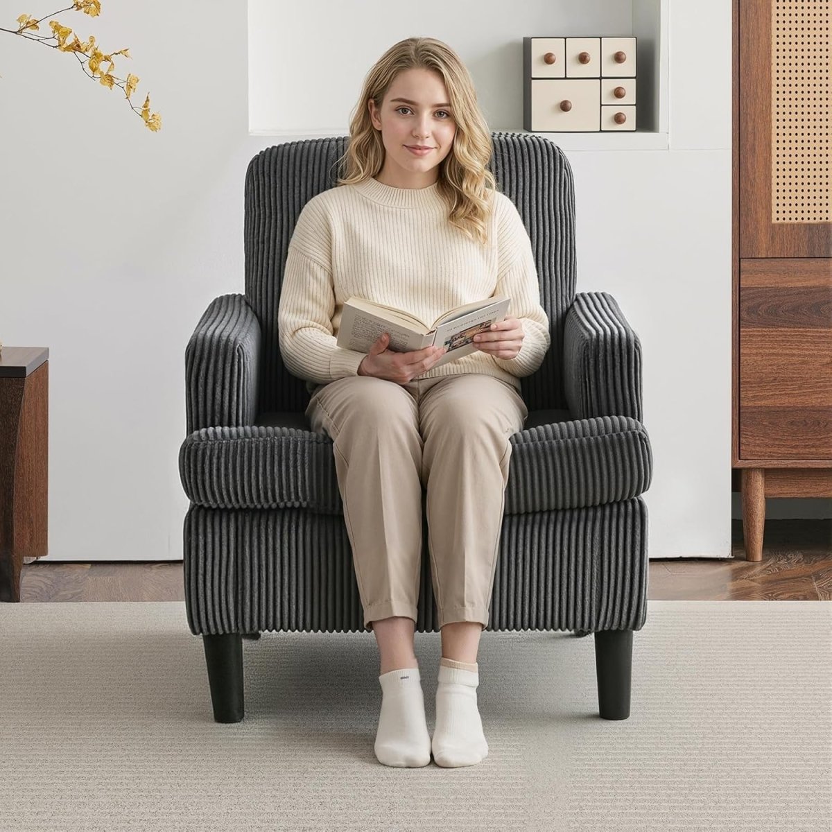 Oversized Grey Corduroy Tub Armchair Cozy Accent Chair for Living Room - Kwikley
