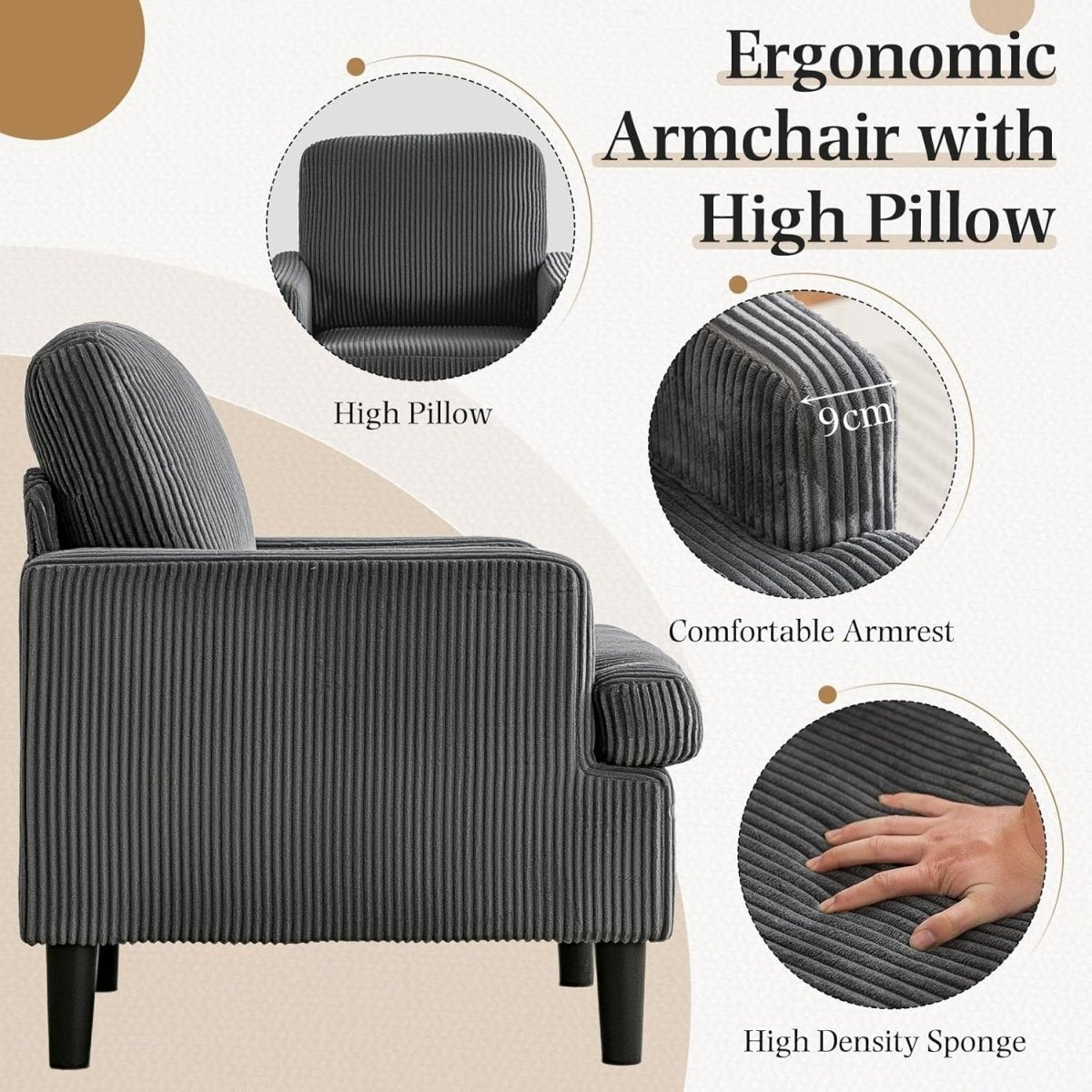Oversized Grey Corduroy Tub Armchair Cozy Accent Chair for Living Room - Kwikley