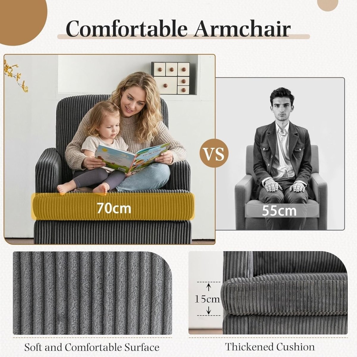Oversized Grey Corduroy Tub Armchair Cozy Accent Chair for Living Room - Kwikley