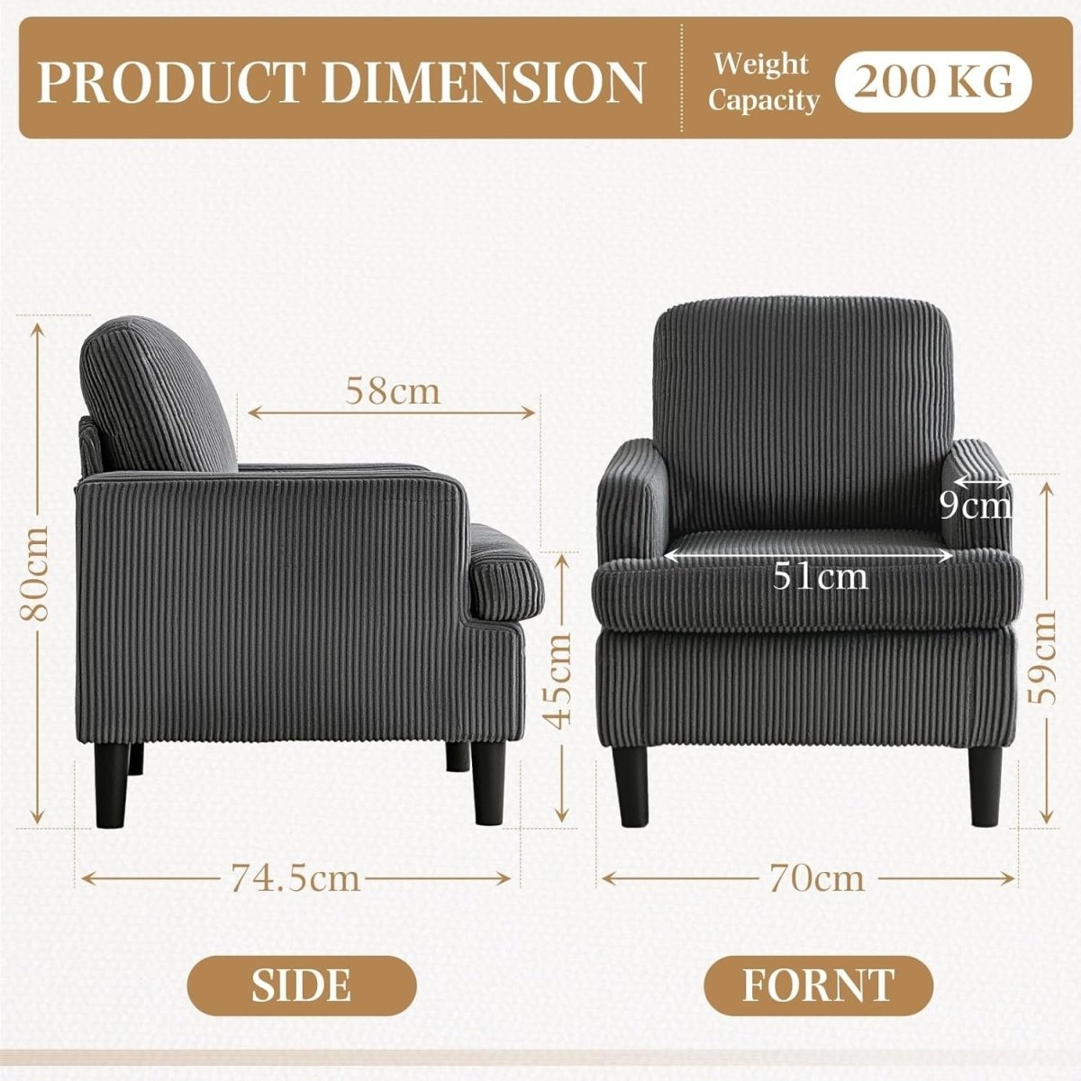 Oversized Grey Corduroy Tub Armchair Cozy Accent Chair for Living Room - Kwikley