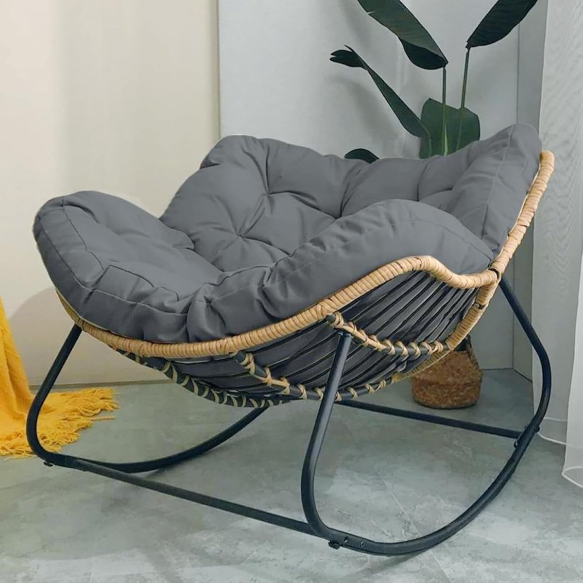 Oversized Papasan Rocking Chair Grey Cushioned Rattan Wicker Lounge Indoor - Kwikley