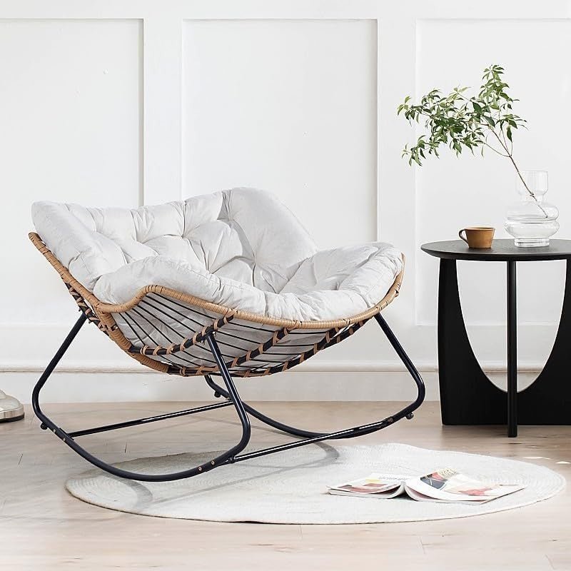 Oversized Papasan Rocking Chair Grey Cushioned Rattan Wicker Lounge Indoor - Kwikley
