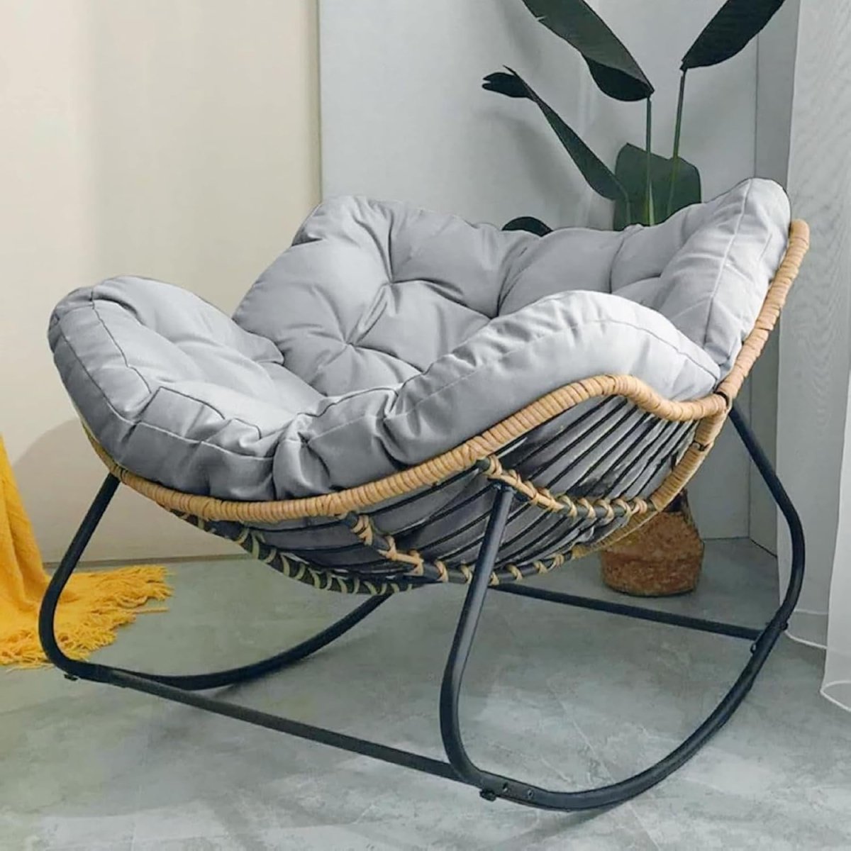 Oversized Papasan Rocking Chair Grey Rattan Wicker Lounge Cushion Indoor - Kwikley