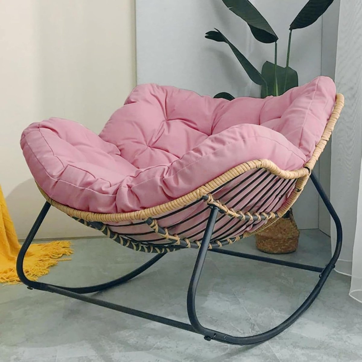 Oversized Papasan Rocking Chair Rattan Wicker Lounge with Cushion Indoor Outdoor - Kwikley