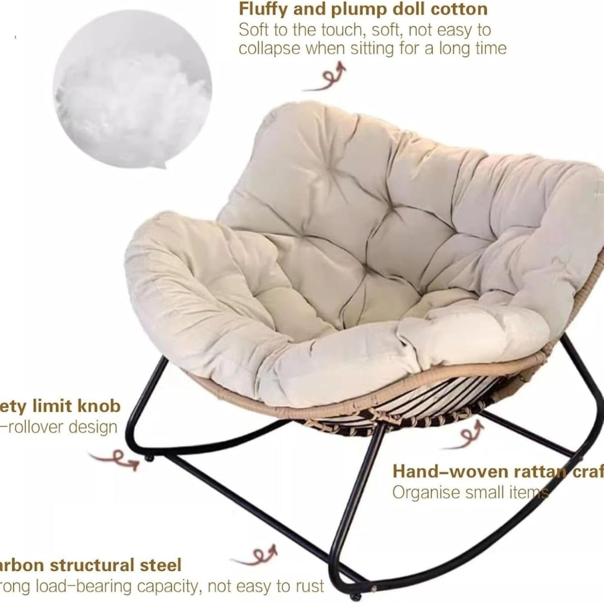 Oversized Papasan Rocking Chair Rattan Wicker Lounge with Cushion Indoor Outdoor - Kwikley