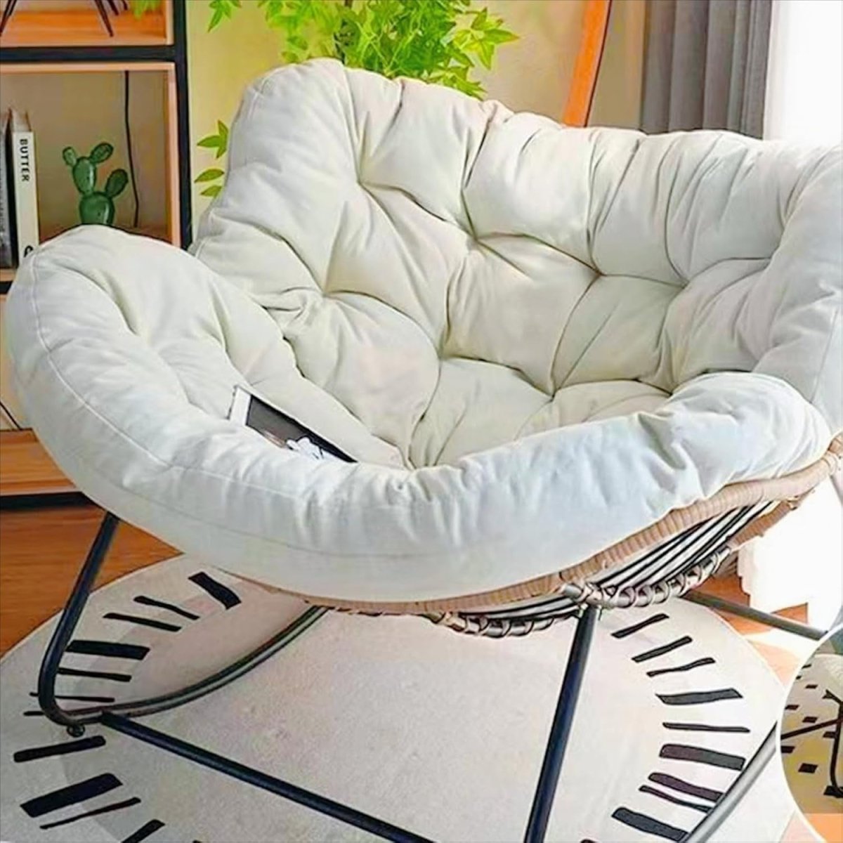 Oversized Papasan Rocking Chair White Cushion Rattan Wicker Lounge Indoor - Kwikley