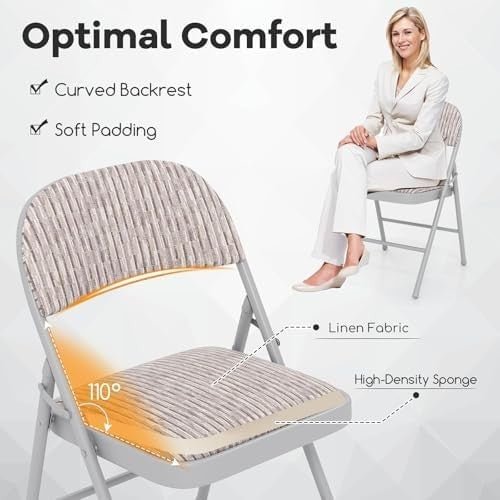 Padded Folding Chair Linen Fabric Metal Frame Beige - Kwikley