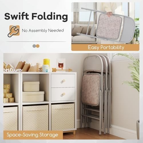 Padded Folding Chair Linen Fabric Metal Frame Beige - Kwikley