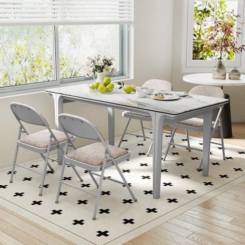Padded Folding Chair Linen Fabric Metal Frame Beige - Kwikley