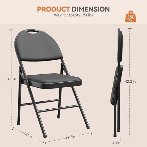 Padded Folding Dining Chairs Set of 2 PU Leather High Back Metal Frame - Kwikley