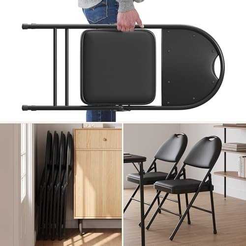 Padded Folding Dining Chairs Set of 2 PU Leather High Back Metal Frame - Kwikley