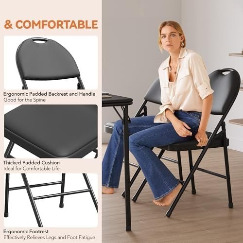 Padded Folding Dining Chairs Set of 2 PU Leather High Back Metal Frame - Kwikley