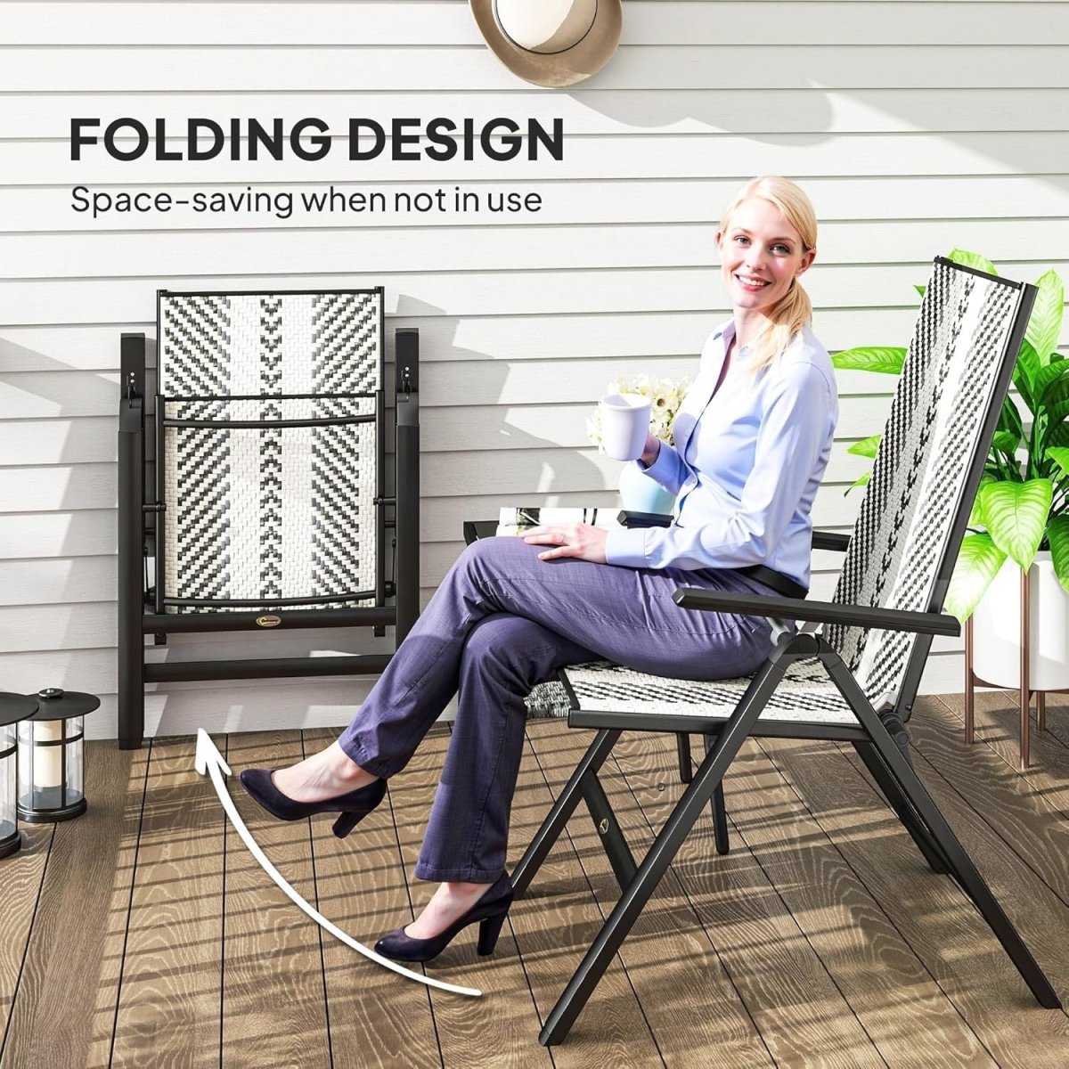 Pair Folding Outdoor Recliner Chairs 5 Level Adjustable Patio High Back Seats - Kwikley