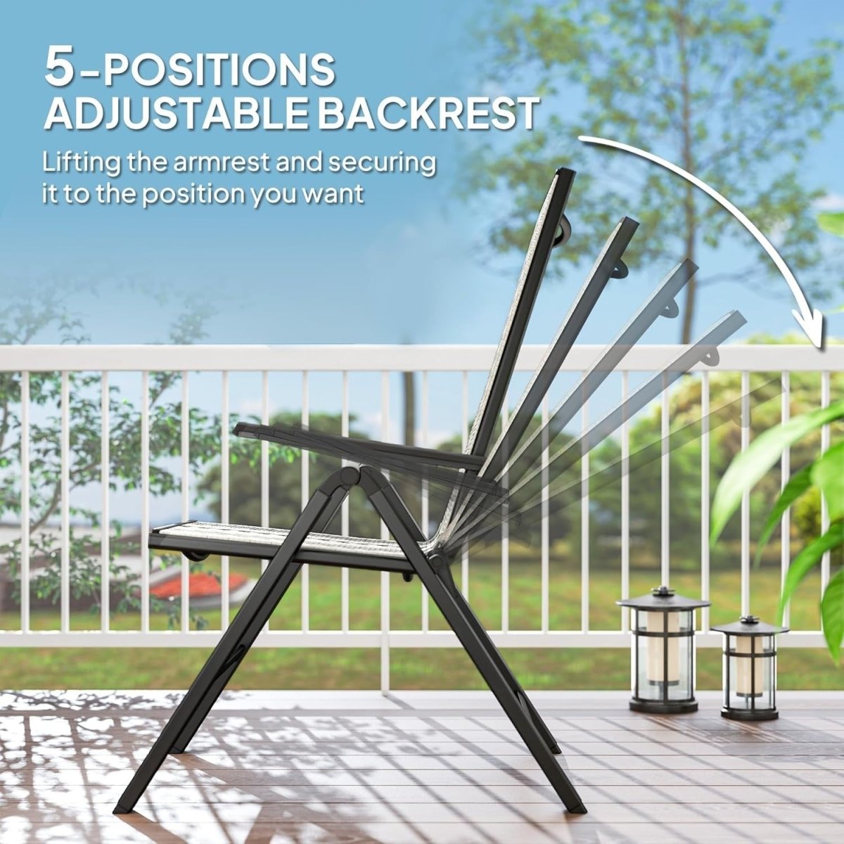 Pair Folding Outdoor Recliner Chairs 5 Level Adjustable Patio High Back Seats - Kwikley