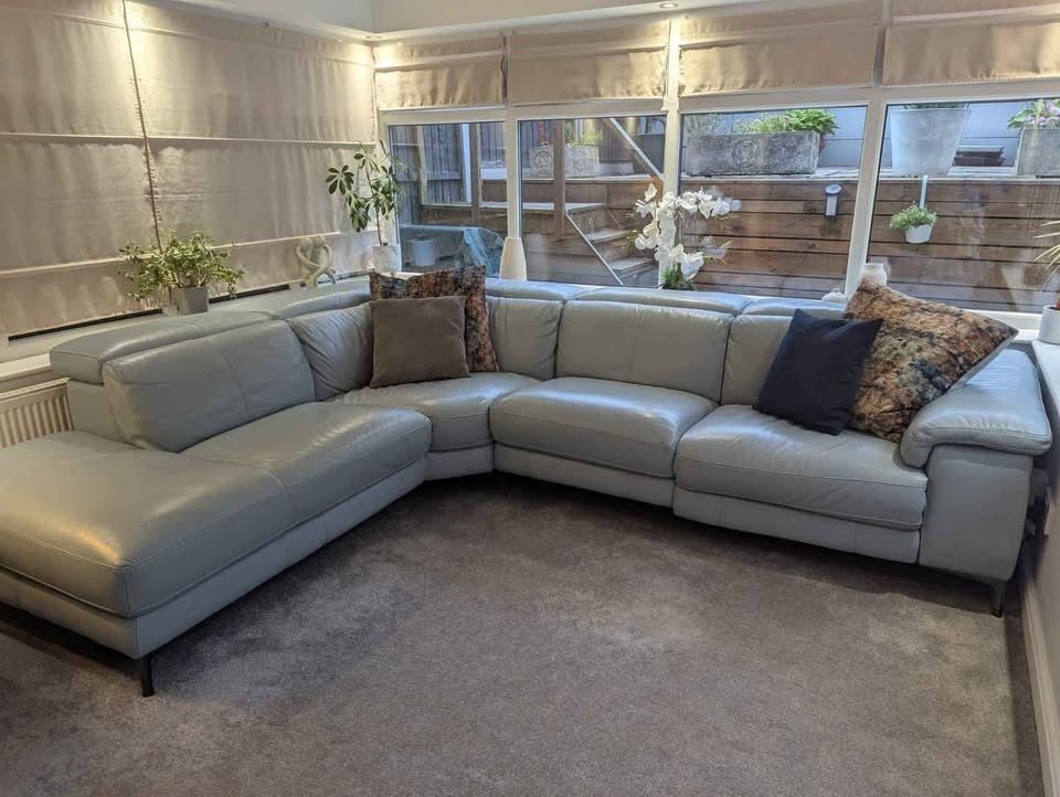 Pale Light Blue Leather Corner Sofa Recliner (PTP) - Kwikley