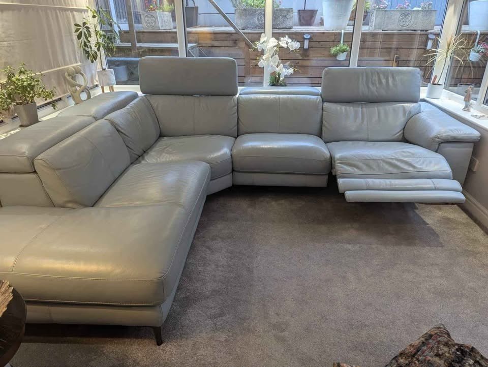 Pale Light Blue Leather Corner Sofa Recliner (PTP) - Kwikley