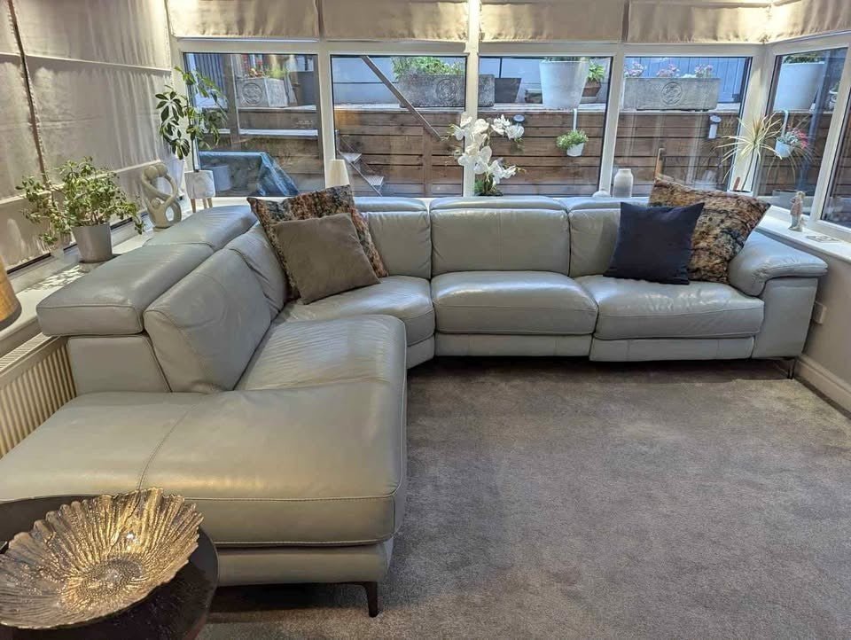 Pale Light Blue Leather Corner Sofa Recliner (PTP) - Kwikley