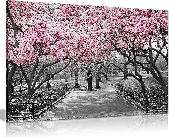 Panther Print Canvas Wall Art 36x24 in Black White Pink Blossoms - Kwikley