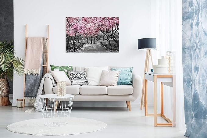 Panther Print Canvas Wall Art 36x24 in Black White Pink Blossoms - Kwikley