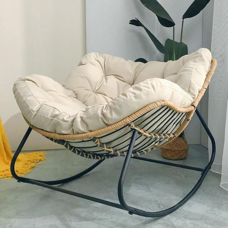 Papasan Egg Rocking Chair Oversized Rattan Wicker Rice White Cushion Lounge - Kwikley