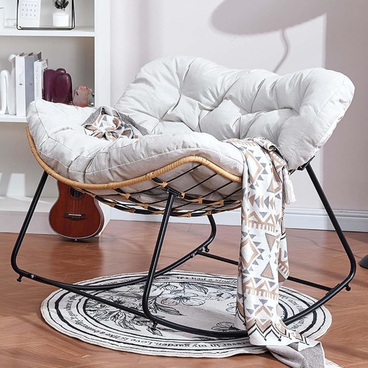 Papasan Rocking Chair Oversized Rattan Wicker Lounge with Cushion Indoor Outdoor - Kwikley