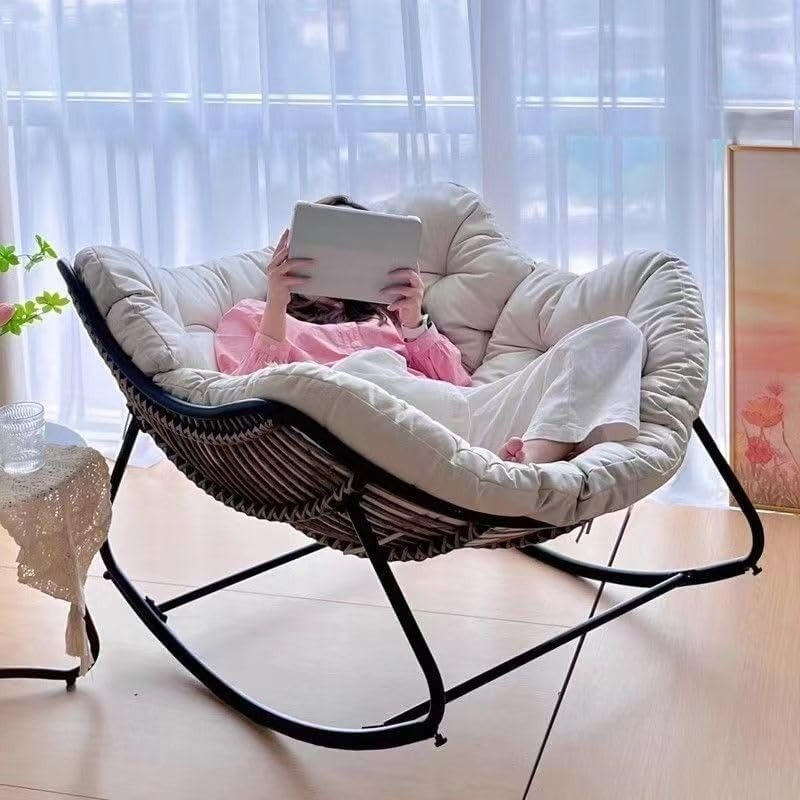 Papasan Rocking Chair Oversized Rattan Wicker Lounge with Cushion Indoor Outdoor - Kwikley