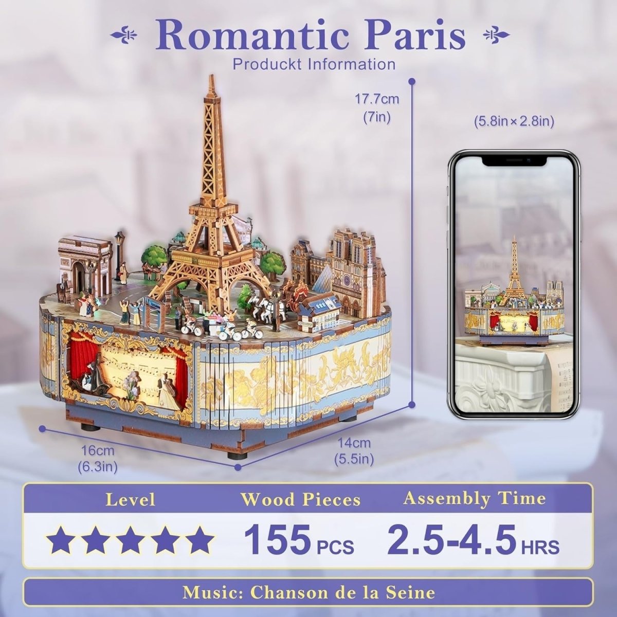 Paris Music Box 3D Wooden Puzzle DIY LED Rotating Model Gift - Kwikley