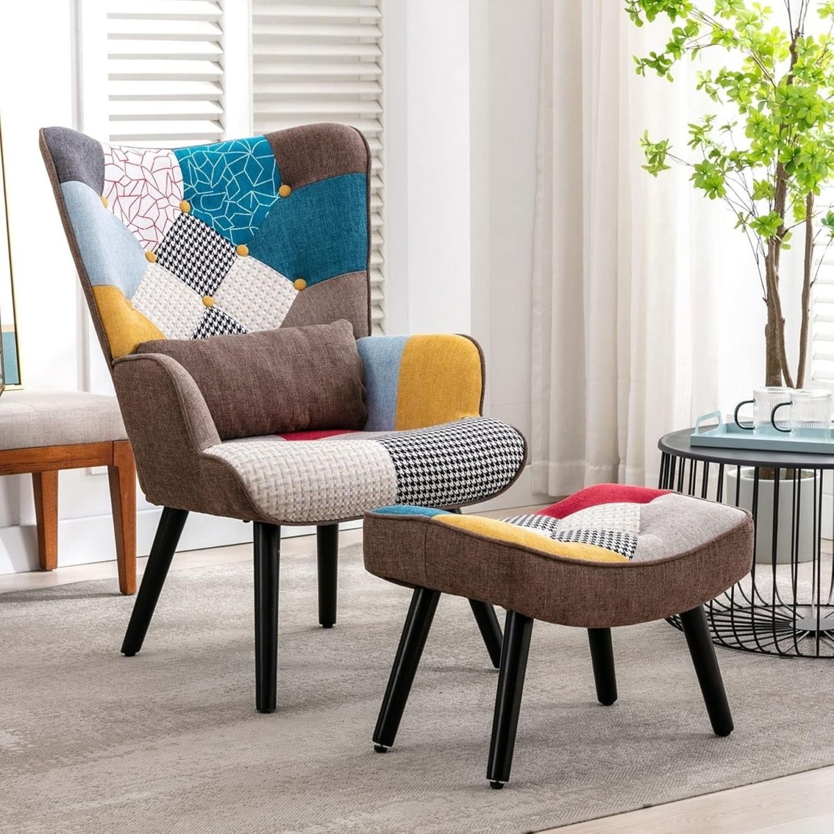 Patchwork Accent Chair & Ottoman Lounge Set | Retro Armchair for Reading - Kwikley