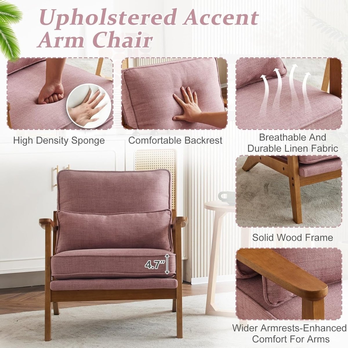 Peach Pink Fabric Accent Chair – Solid Wood Lounge Armchair Wide Arm - Kwikley