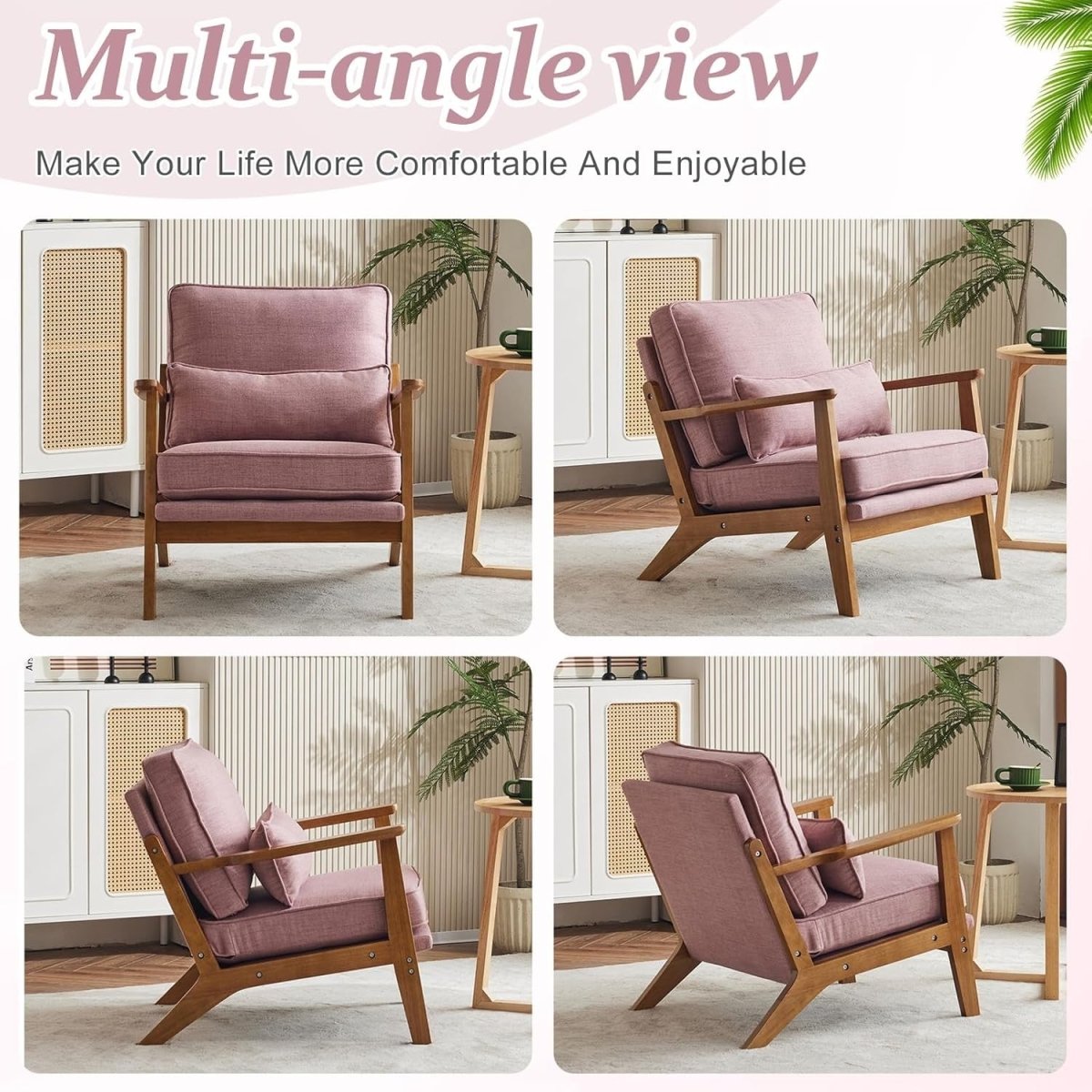 Peach Pink Fabric Accent Chair – Solid Wood Lounge Armchair Wide Arm - Kwikley