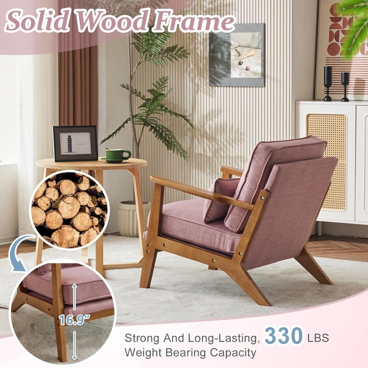 Peach Pink Fabric Accent Chair – Solid Wood Lounge Armchair Wide Arm - Kwikley