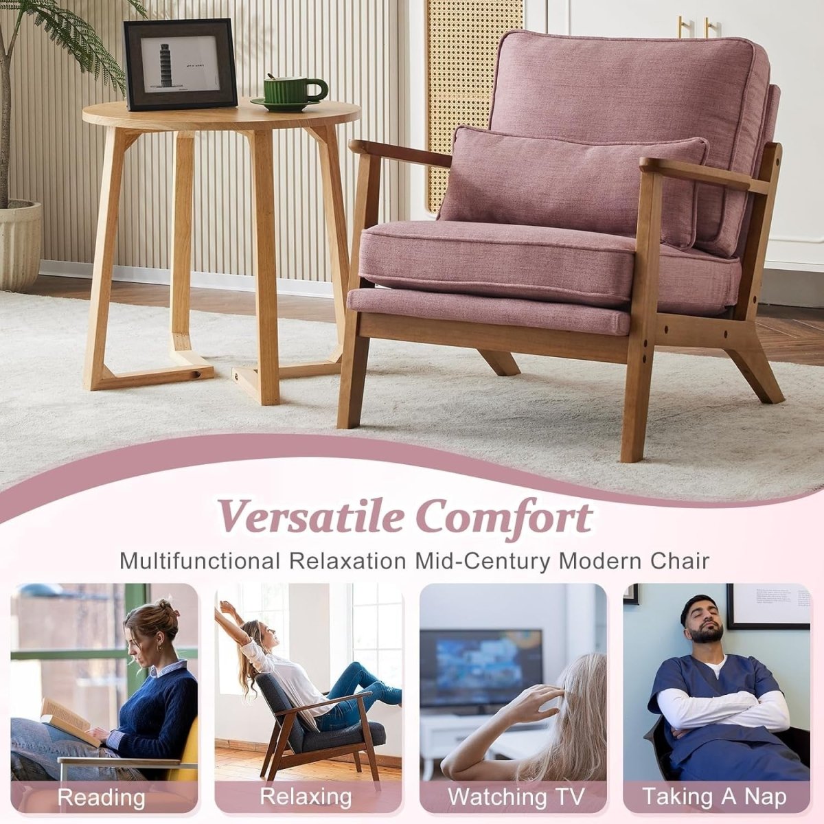 Peach Pink Fabric Accent Chair – Solid Wood Lounge Armchair Wide Arm - Kwikley